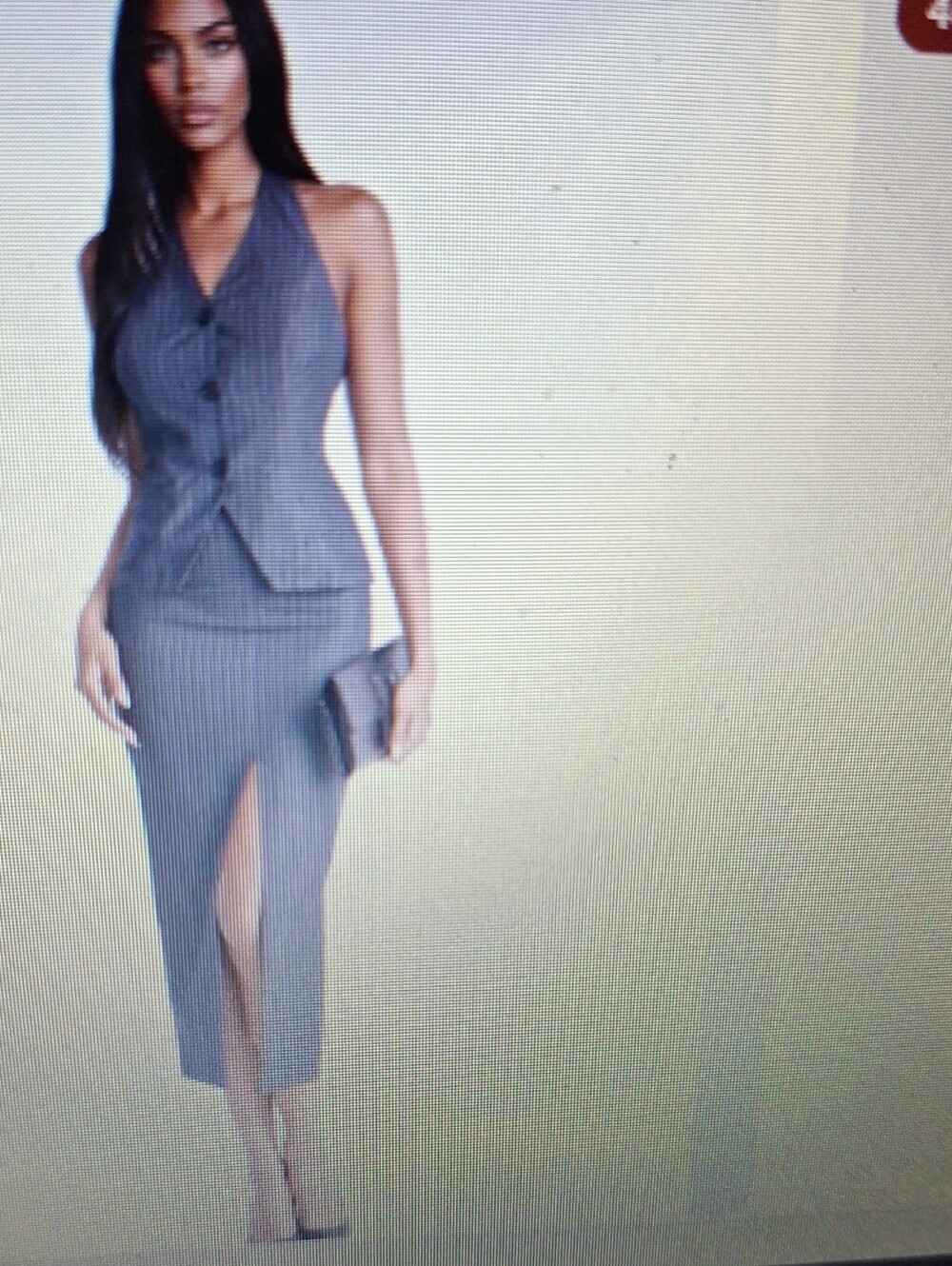 Fashion Nova 2pc Charcoal Grey Pinstripe Midi Pencil Skirt &TOP
